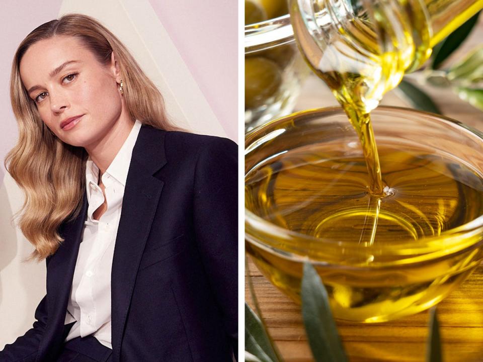 Brie Larson on the left; olive oil being poured into a glass container on the right