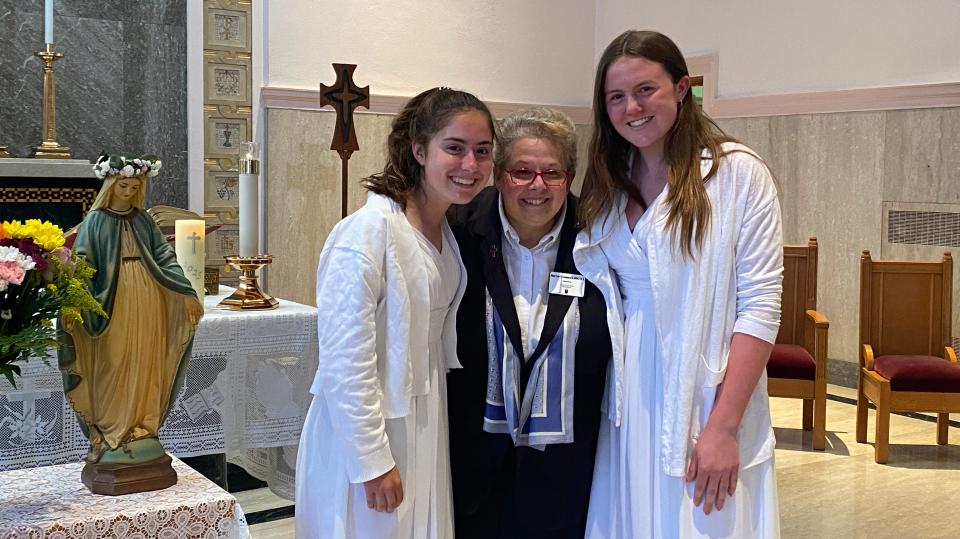 (Left to right) Renee Vozza, Class of '23; Sister Lisa Gambacorto, directress; and Mary Claire Schleck, Class of '23.