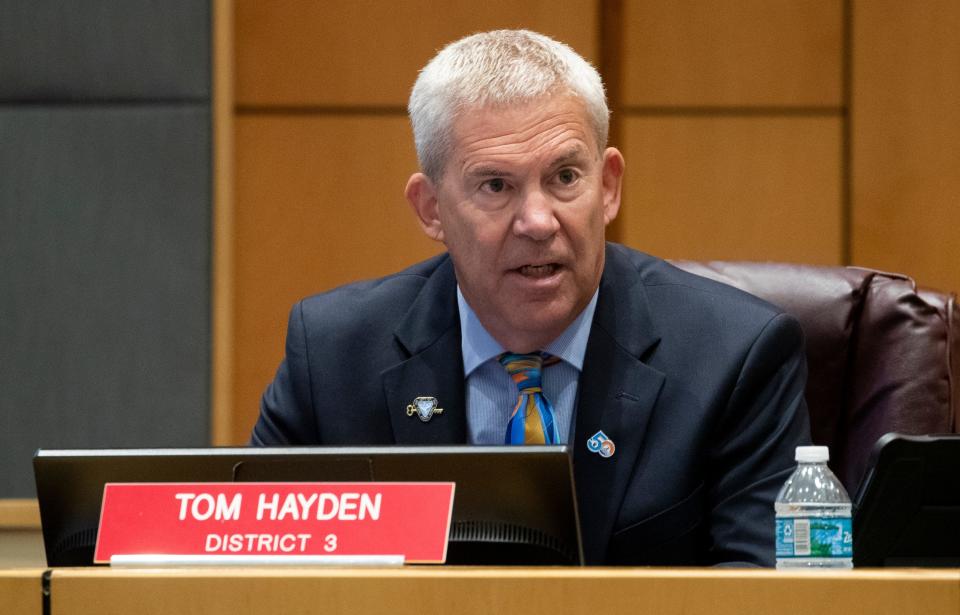 Cape Coral council member Tom Hayden. Cape Coral city council members held a third meeting Wednesday, April 13, 2022 on a proposed storm shutter ordinance. Members of the public were in attendance to voice their opinions during the open session.