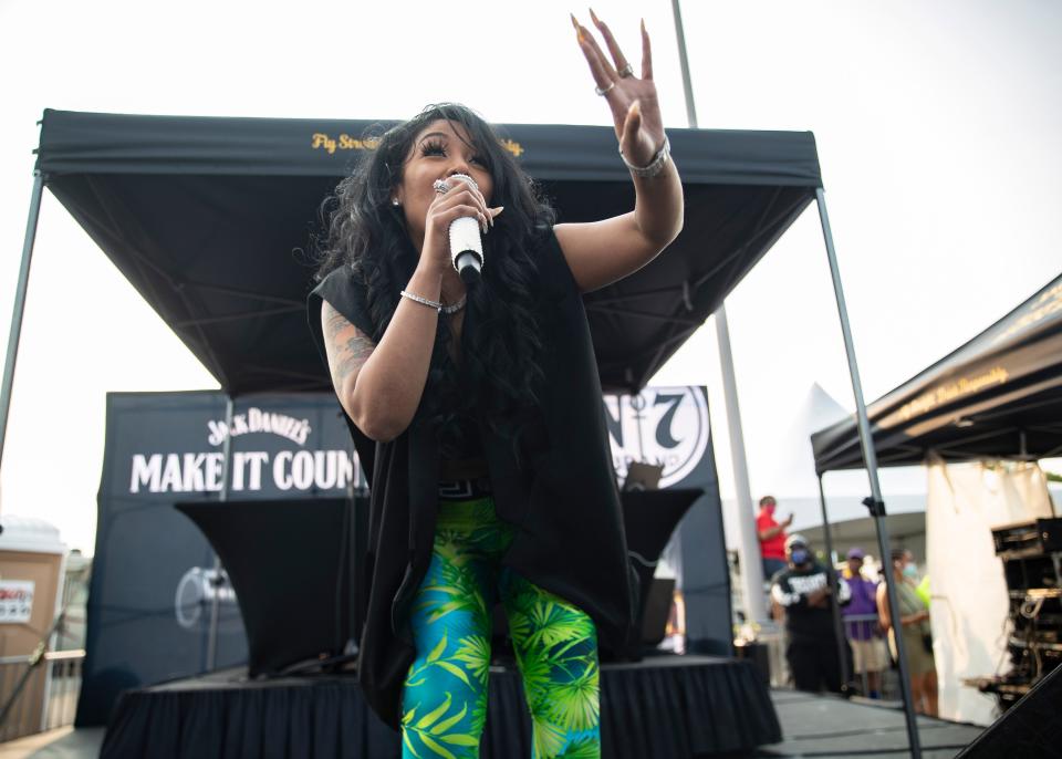 Singer K. Michelle performs at Jack Daniel's Tennessee Whiskey tent during the Southern Heritage Classic Tailgate at the  Liberty Bowl Memorial Stadium in Memphis, Tenn., on Saturday, Sept. 11, 2021.