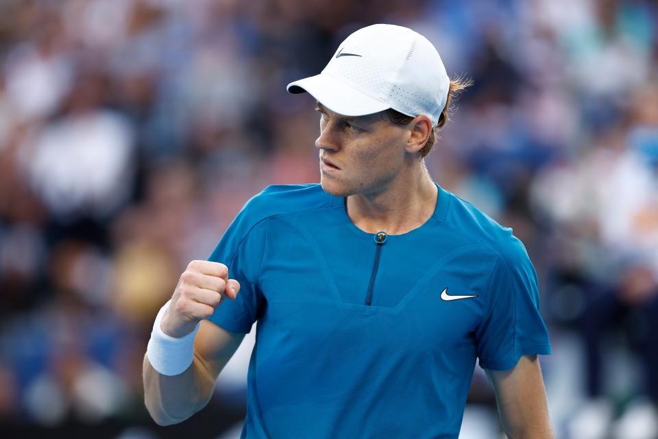 Jannik Sinner celebrates during the first set against Stefanos Tsitsipas (Getty Images)