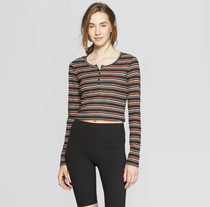 Colsie Women’s Multi Striped Long Sleeve Rib Cropped Lounge T-Shirt (Photo: Target)