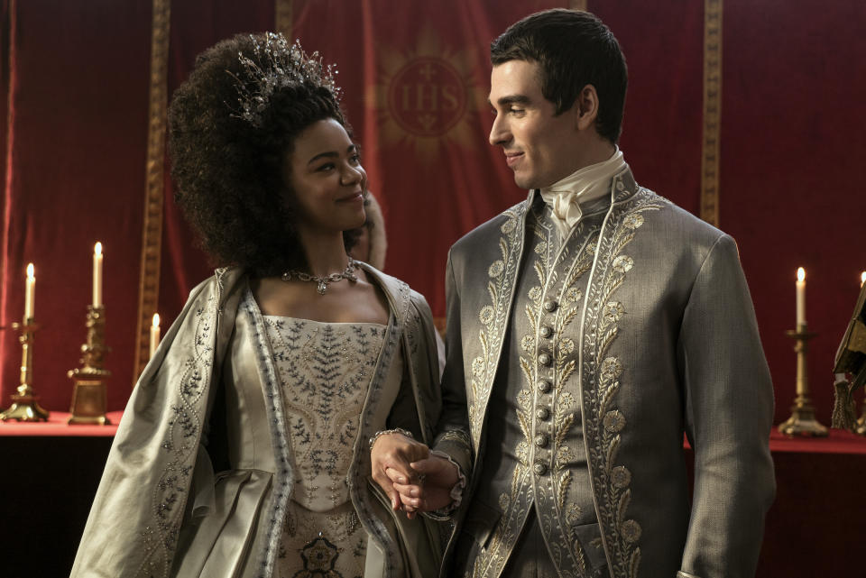 Queen Charlotte (India Amarteifio) and King George III (Corey Mylchreest) at their wedding.<span class="copyright">Liam Daniel—Netflix</span>