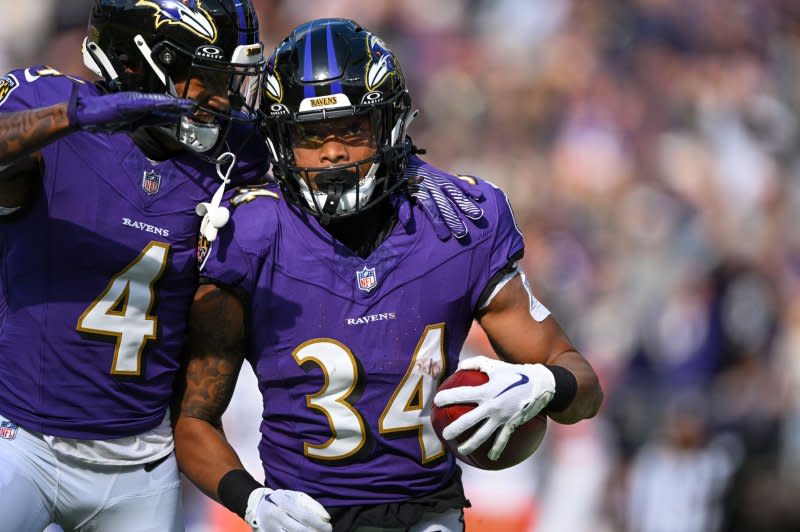 Baltimore Ravens running back Keaton Mitchell (34), who sustained a season-ending knee injury in Week 15, fan be dropped in redraft-format fantasy football leagues. File Photo by David Tulis/UPI