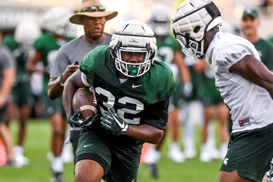 Michigan State's Donovan Eaglin runs with the ball during the Meet the Spartans open practice on Monday, Aug. 23, 2021, at Spartan Stadium in East Lansing.