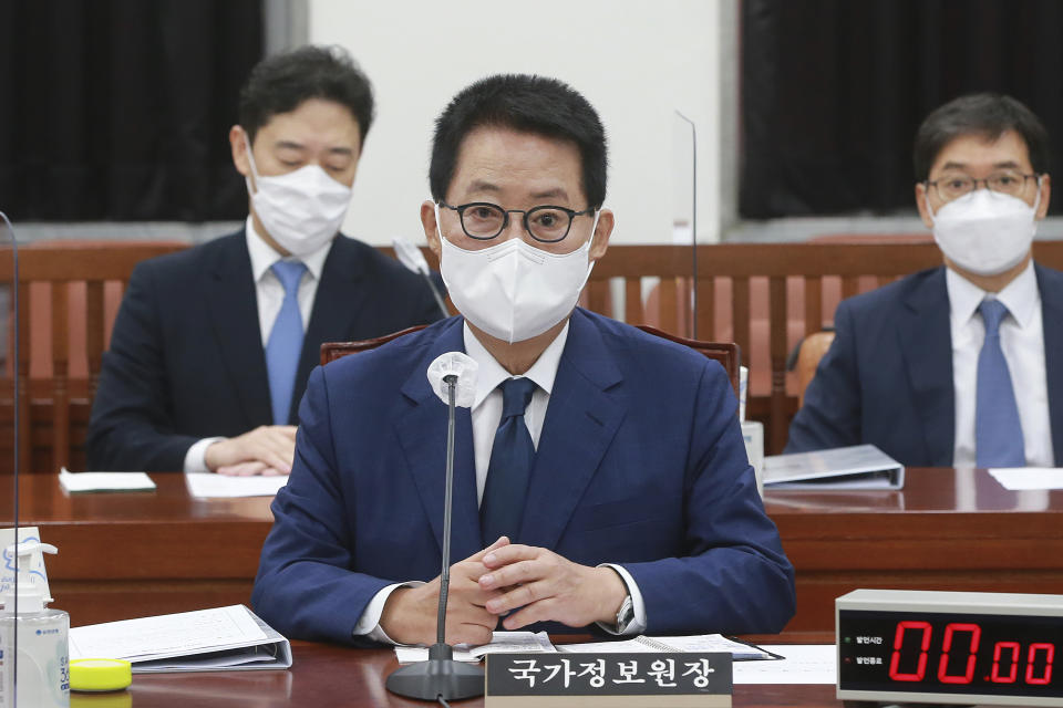 FILE - Then South Korea's National Intelligence Service Director Park Jie-won speaks during a plenary meeting of the parliamentary intelligence committee at the National Assembly in Seoul, South Korea, on Aug. 3, 2021. The National Intelligence Service accused former director Park Jie-won, who served from 2020 to May, 2022, of destroying internal intelligence reports related to North Korea’s fatal shooting of an unarmed South Korean citizen in waters near the countries' western sea border in 2020.(Ahn Jung-hwan/Yonhap via AP, File)