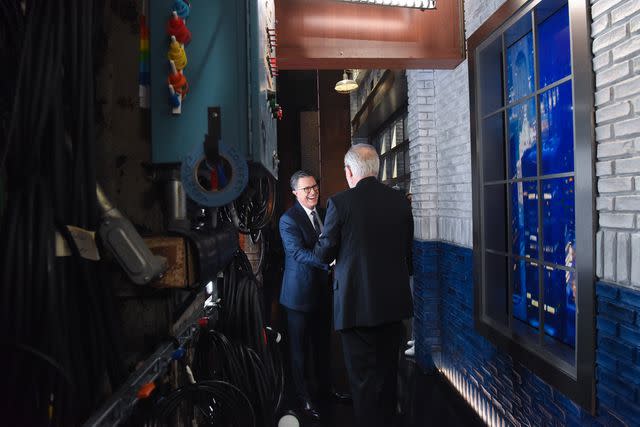 <p>Scott Kowalchyk/CBS</p> Stephen Colbert backstage at 'The Late Show' with guest John Lithgow