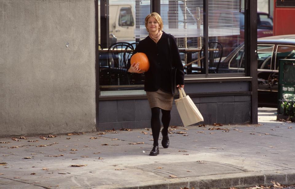 Meg Ryan shows how to dress for a Nora Ephron autumn in 1998’s You’ve Got Mail.