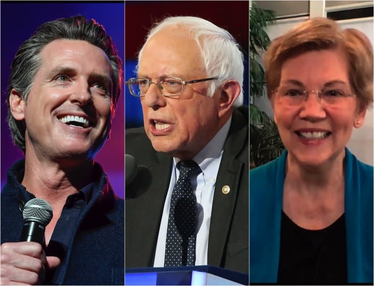 Gov. Gavin Newsom, left and Senators Bernie Sanders and Elizabeth Warren.