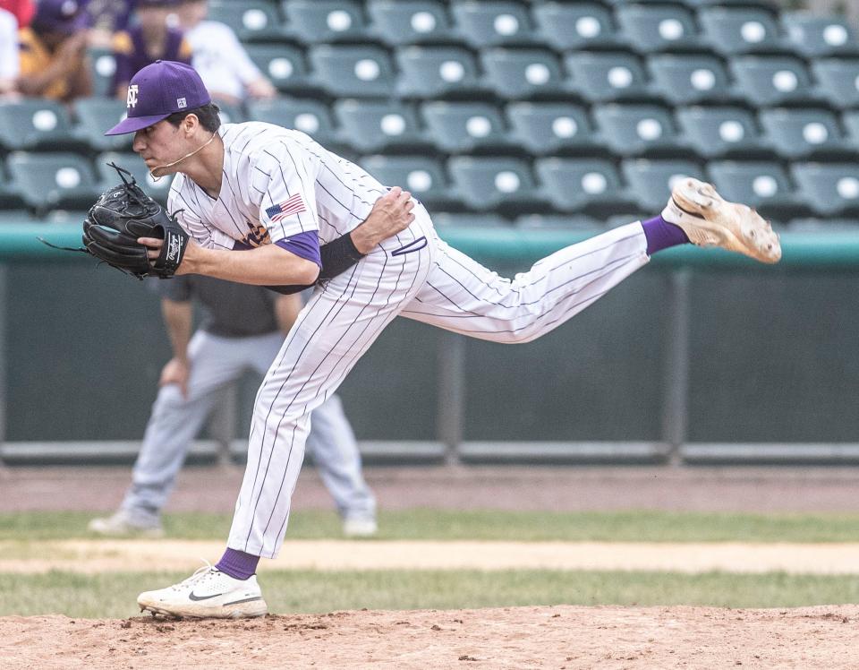 Michael Goodman of Clarkstown North pitches to Clarkstown South during the Supervisor's Cup varsity baseball game at Clover Stadium in Pomona April 28, 2024. Clarkstown North defeated Clarkstown South 3-1 to win the rivalry game.