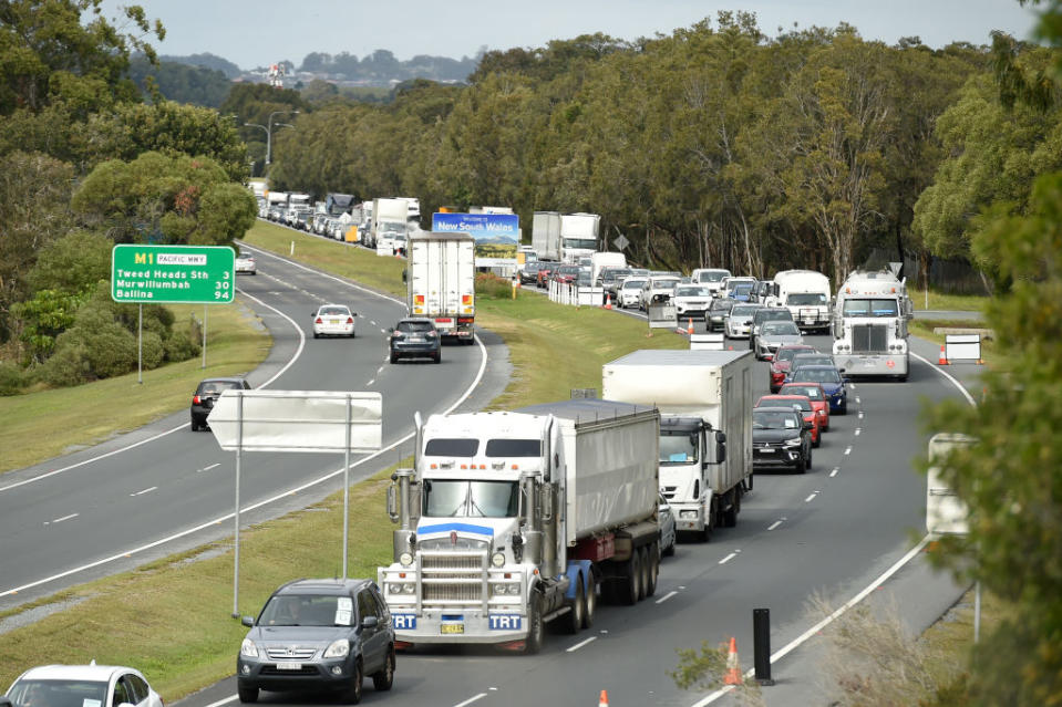 A general view of traffic congestion on the Gold Coast Highway as Queensland's borders open. Source: Getty Images