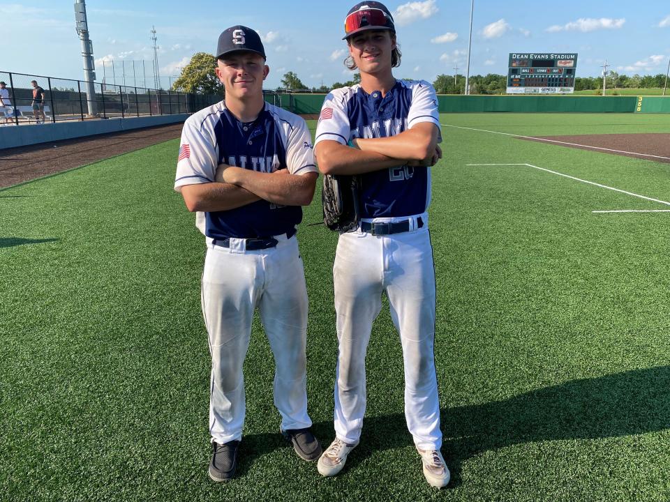 Salina Falcons Brooks Richardson (19) and Connor Myers (20) were a factor in Sunday's 18-under championship game of the Kansas Grand Slam against the Topeka Scrappers at Dean Evans Stadium.