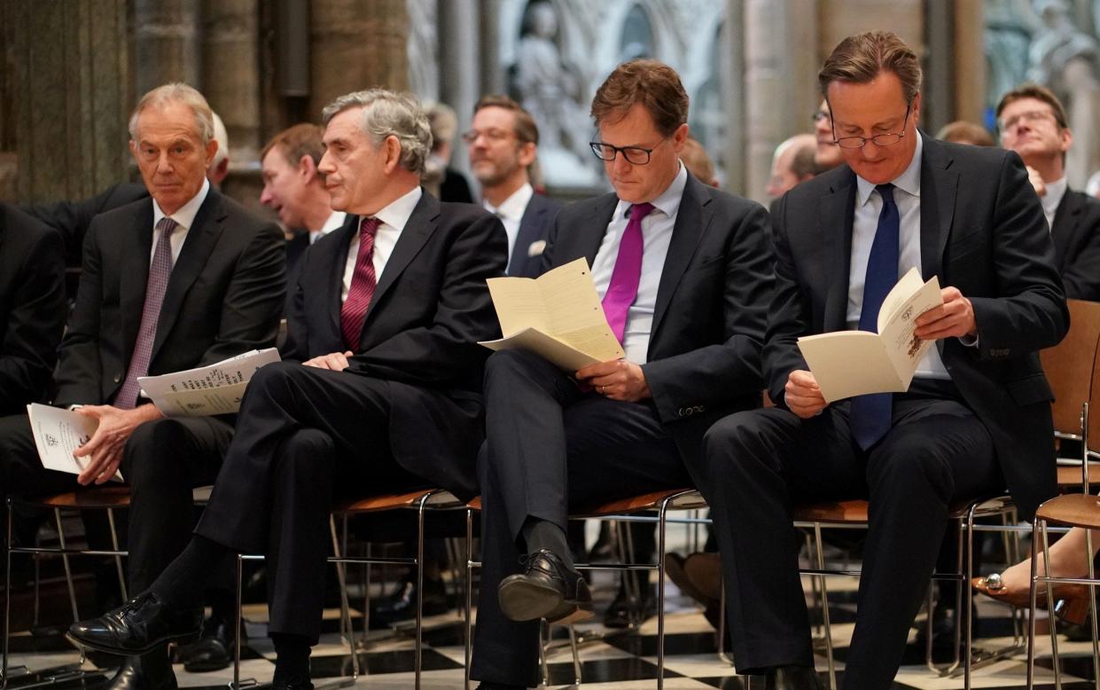 LONDON, ENGLAND - JUNE 20: (L-R) Tony Blair, Gordon Brown, NIck Clegg and David Cameron attend a service of thanksgiving to remember the life of Lord Jeremy Heywood at Westminster Abbey on June 20, 2019 in London, England.Lord Jeremy Heywood of Whitehall GCB CVO served as Head of the Civil Service until shortly before his death in 2018. Former Prime Ministers, senior politicians, civil servants joined his family and friends at a service of thanksgiving for his life and work. (Photo by Henry Nicholls - WPA Pool/Getty Images) - (Photo by Henry Nicholls - WPA Pool/Getty Images)/ (Photo by Henry Nicholls - WPA Pool/Getty Images)