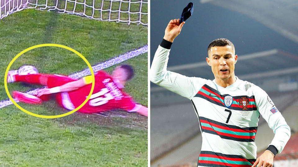 Cristiano Ronaldo (pictured right) throwing his armband pitch after his shot (pictured left) was deemed not to have crossed the line.