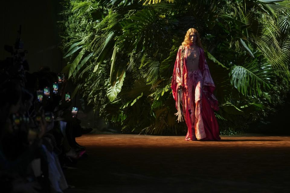 A model wears a creation as part of the Roberto Cavalli women's Spring Summer 2024 collection presented in Milan, Italy, Wednesday, Sept. 20, 2023. (AP Photo/Luca Bruno)