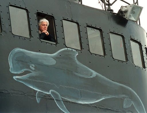 Paul Watson is seen on board of his ship, the Ocean Warrior in 2000, off Torshavn, the Faroe Islands in the North Atlantic Sea. The veteran anti-whaling campaigner, a Canadian national, was detained in Frankfurt on Sunday on charges stemming from a high seas confrontation over shark finning in 2002