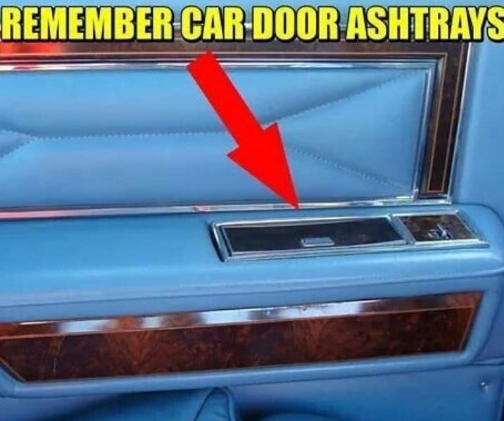 Blue '70s car door interior with metal ash tray