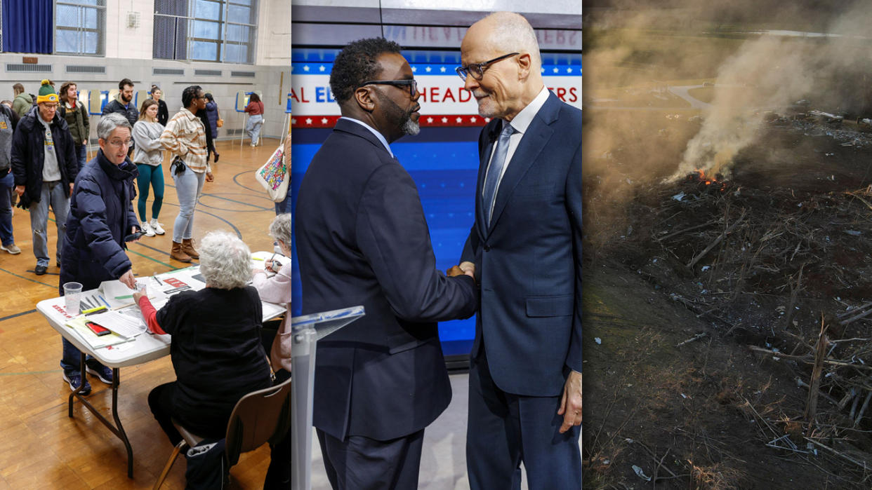 A photo collage shows people lined up to vote in Wisconsin, the two candidates in the Chicago mayoral race, and a pile of cleared brush burning in the aftermath of a tornado.