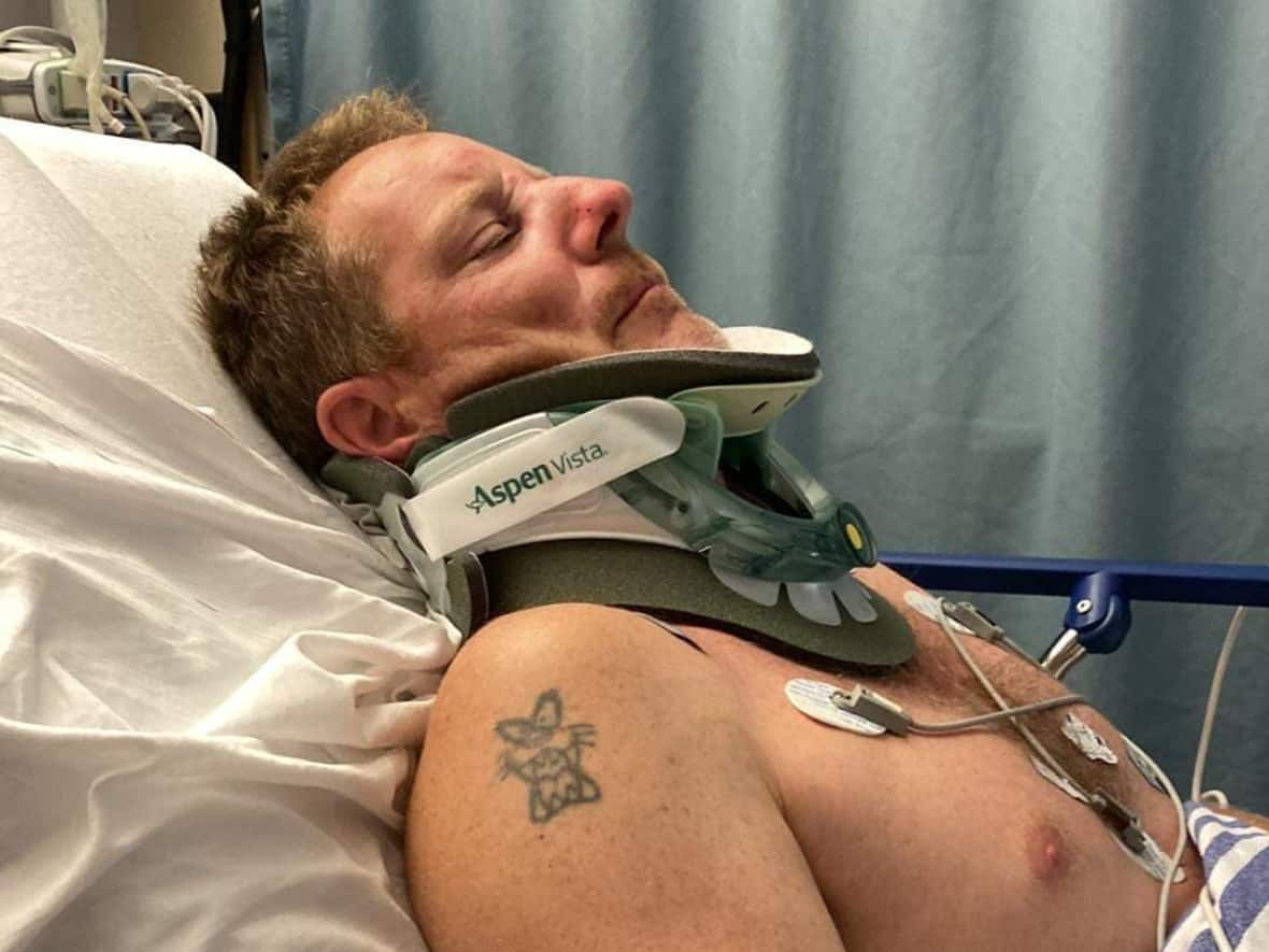 John Barnet was told he broke the C7 vertebra in his neck and broke his sternum in a motorcycle crash in Fredericton on Tuesday. (Submitted by Taylor Grandy - image credit)