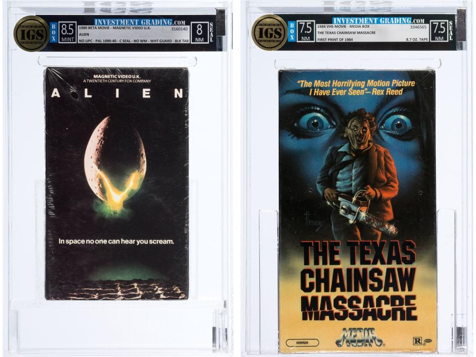 VHS tapes of "Alien" and "The Texas Chainsaw Massacre"