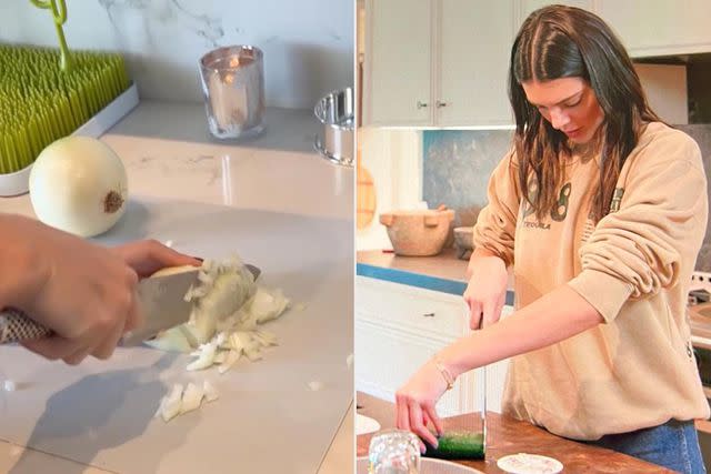 <p>Kylie Jenner/Instagram; The Kardashians/Hulu</p> Kendall dicing onions on Thanksgiving (left) split with the famous scene of her cutting a cucumber on 'The Kardashians' (right).