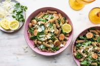 <p>This one-pan pasta combines tasty chicken sausage and sautéed spinach for a one-bowl meal that's garlicky, lemony and best served with a little Parm on top. It's a quick and easy weeknight dinner everyone is sure to love. This recipe is a variation on our <a href="https://www.eatingwell.com/recipe/267768/chicken-spinach-skillet-pasta-with-lemon-parmesan/" rel="nofollow noopener" target="_blank" data-ylk="slk:Chicken & Spinach Skillet Pasta with Lemon & Parmesan" class="link ">Chicken & Spinach Skillet Pasta with Lemon & Parmesan</a>, which is a super-popular recipe developed by Devon O'Brien. <a href="https://www.eatingwell.com/recipe/7894340/chicken-sausage-and-spinach-skillet-pasta-with-lemon-and-parmesan/" rel="nofollow noopener" target="_blank" data-ylk="slk:View Recipe" class="link ">View Recipe</a></p>