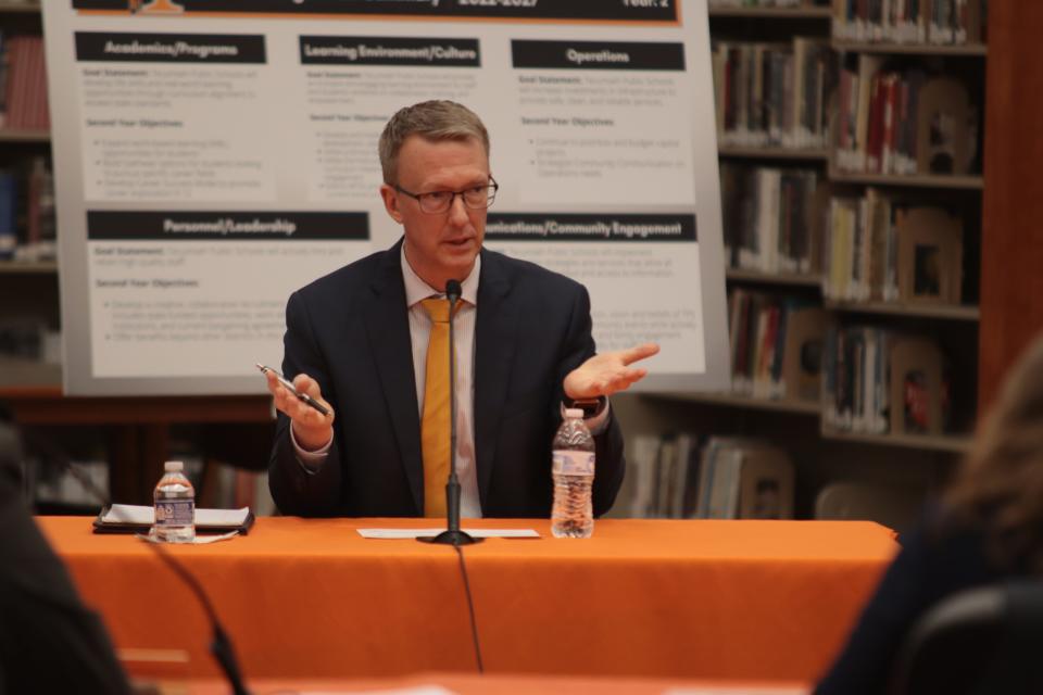 Matt Hilton addresses the Tecumseh Board of Education Tuesday at Tecumseh High School during his second interview to be the Tecumseh schools superintendent.