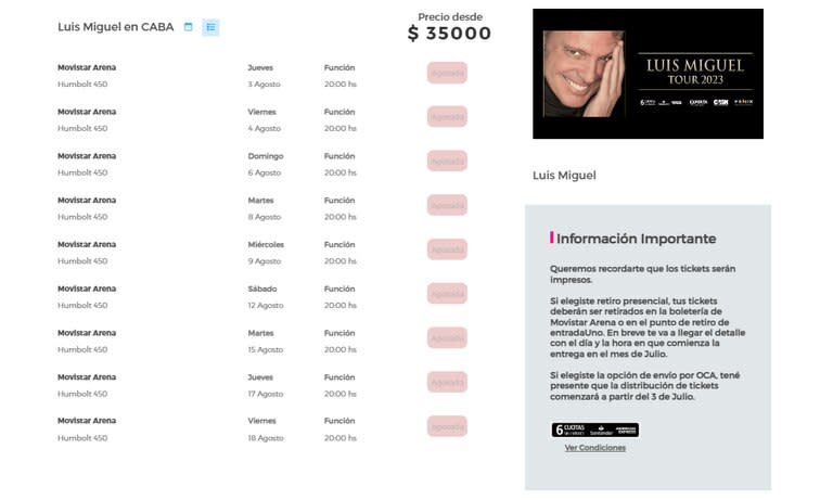 Luis Miguel agotó sus nueve fechas en Buenos Aires (Foto: Captura / tickets.movistararena.com.ar)