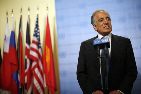 U.S. Ambassador to the United Nations Zalmay Khalilzad speaks to the media after a meeting of the U.N. Security Council to discuss the conflict between Russia and Georgia at United Nations headquarters in New York August 11, 2008. REUTERS/Keith Bedford/Files