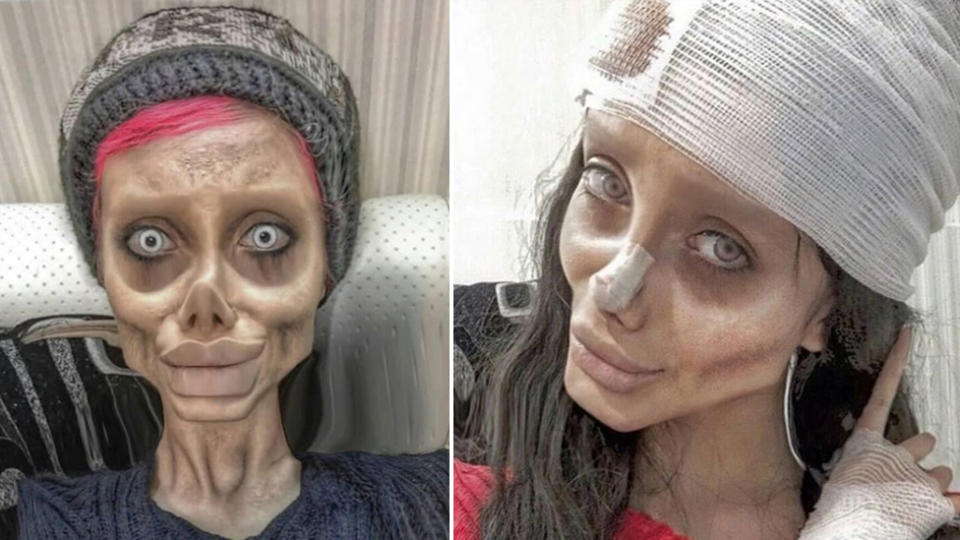 Sahar Tabar (left and right) is known on Instagram for her radical plastic surgery and images edited to look like Angelina Jolie.