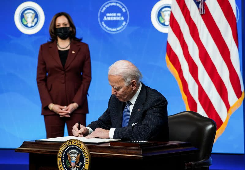 U.S. President Biden speaks about his administration's plans to strengten American manufacturing at the White House in Washington