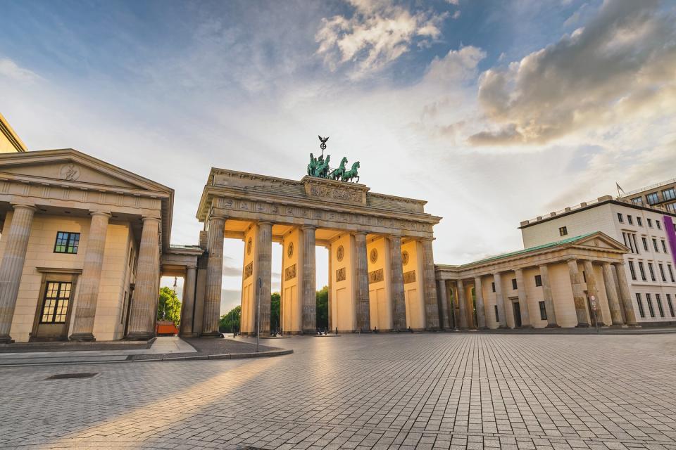 Berlin Germany, city skyline sunset at Brandenburg Gate (Brandenburger Tor) empty during Covid-19