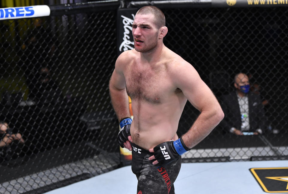 LAS VEGAS, NEVADA - NOVEMBER 14: Sean Strickland reacts after his TKO victory over Brendan Allen in a 195-pound catchweight fight during the UFC Fight Night event at UFC APEX on November 14, 2020 in Las Vegas, Nevada. (Photo by Jeff Bottari/Zuffa LLC)