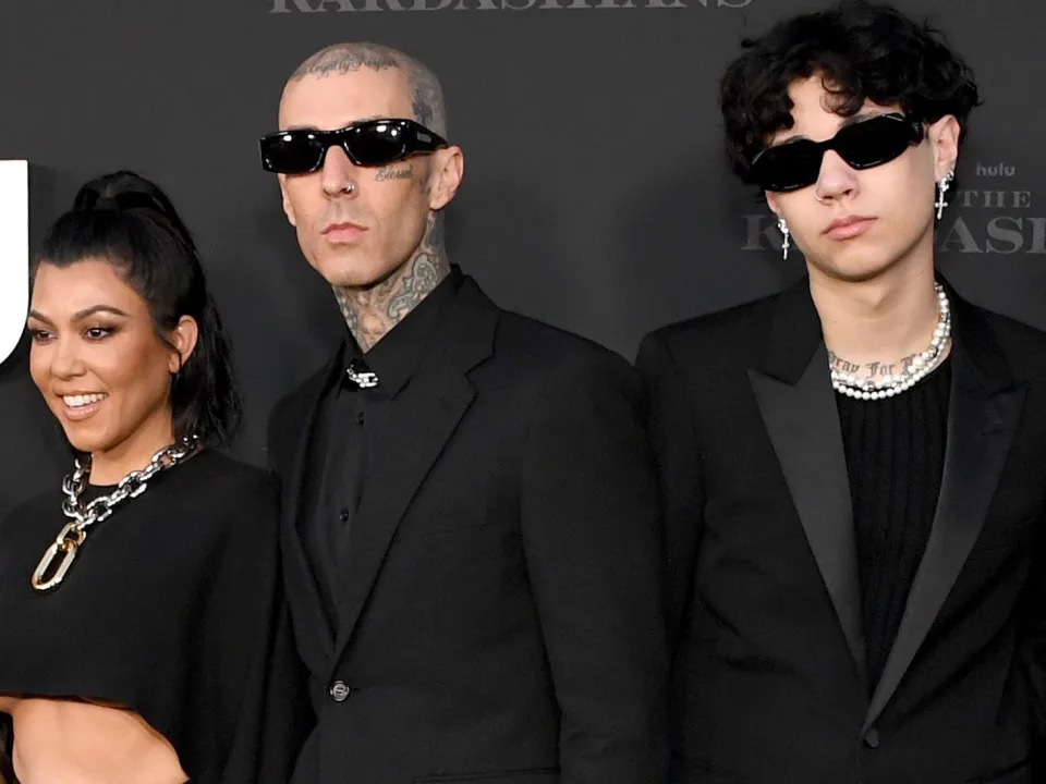 Alabama Barker, Reign Disick, Kourtney Kardashian, Travis Barker, Landon Barker and Atiana De La Hoy at "The Kardashians" Hulu premiere.