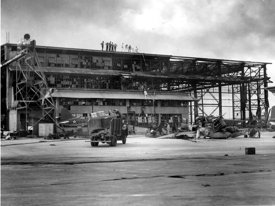 <em>Damaged OS2U Kingfishers on Ford Island after the attack on Pearl Harbor (U.S. Navy)</em>