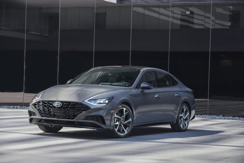 This photo provided by Hyundai shows the 2023 Sonata. The hybrid version of the Sonata can help you save on gas thanks to an EPA estimate of up to 52 mpg. (Morgan Segal/Hyundai Motor America via AP)