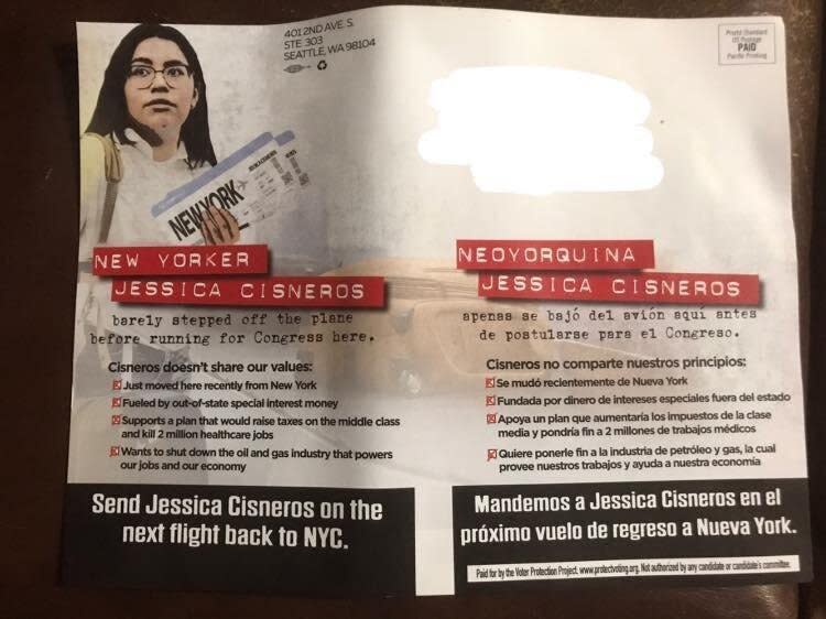 The back of a mailer sent by the Voter Protection Project to oppose﻿ Cisneros' primary challenge to Rep. Henry Cuellar. (Photo: Voter Protection Project)