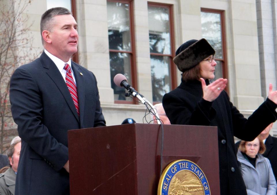 FILE - In this Jan. 7, 2013 file photo, Montana Lt. Gov. John Walsh speaks after his inauguration in Helena, Mont. Montana Gov. Steve Bullock said Friday Feb. 7, 2014 that he is appointing Walsh to serve out the term of Democratic U.S. Sen. Max Baucus, who will be leaving the seat to become the next ambassador to China. (AP Photo/Matt Volz,File)