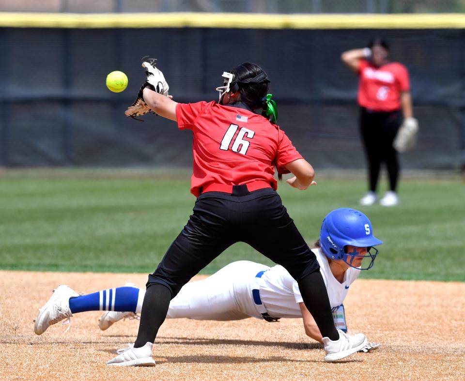 Stamford’s Brylee Strand dives back to second base as Colorado City’s Alyssa Woodell attempts to tag her out.