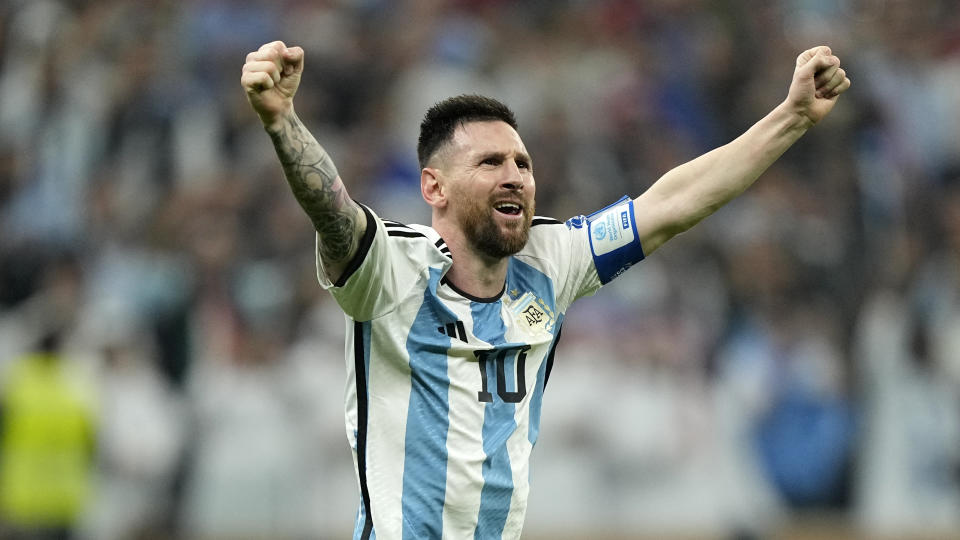 Argentina's Lionel Messi celebrates during the World Cup final soccer match between Argentina and France at the Lusail Stadium in Lusail, Qatar, Sunday, Dec. 18, 2022. (AP Photo/Martin Meissner)