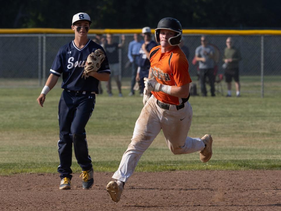 Middletown North's Dylan Briggs, shown after he hit a home run against Middletown South, in a NJSIAA Central Group 3 semifinal last season, batted .461 in 2023.