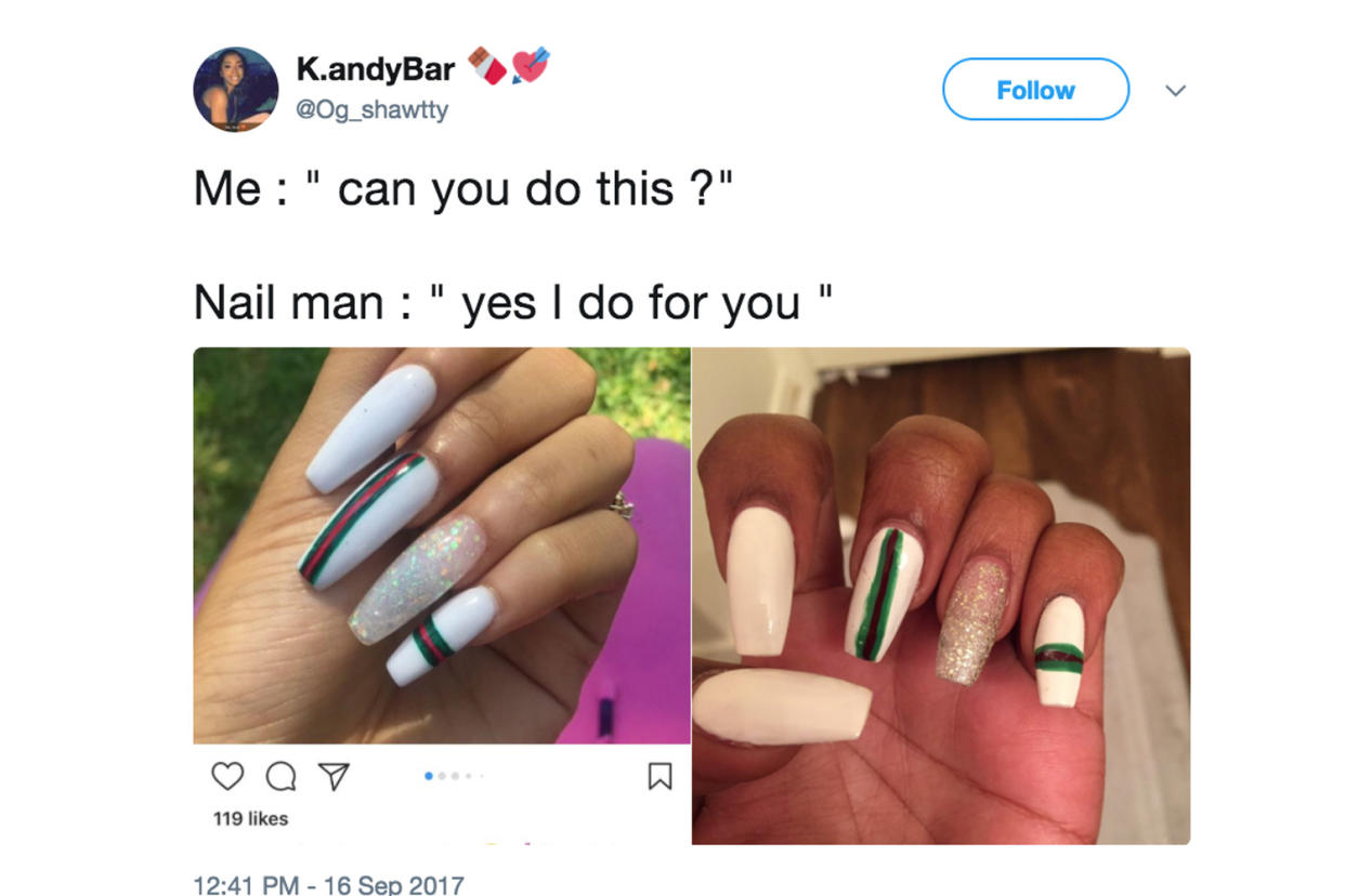 Women are sharing their manicure expectations vs. reality on Twitter, and it’s hilariously sad. (Photo: Twitter/Og_shawtty)