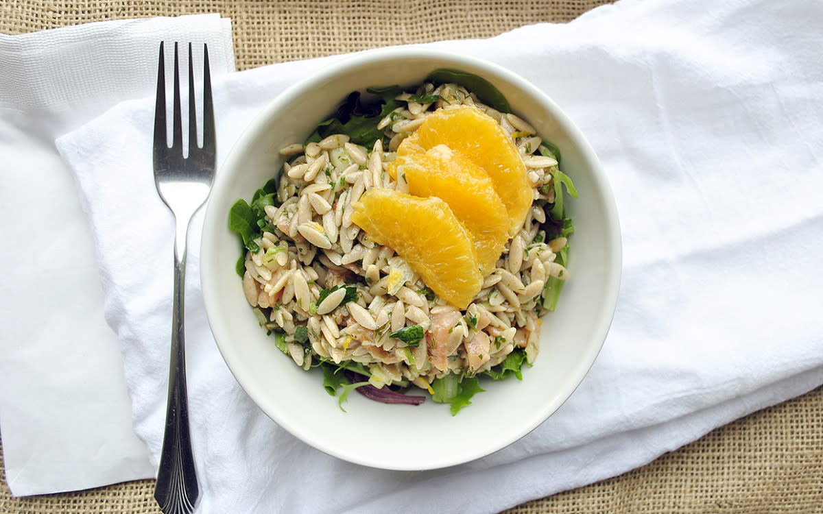 <p>Sanura Weathers</p><p>On those days you need an energizing salad with a fulfilling protein, a healthy carb, and greens, turn to this smoked salmon and orange orzo salad. It’s a salad of whole-wheat pasta tossed with citrusy vinaigrette with specks of salty smoked salmon, oranges, and crunchy celery with baby greens.</p><p><strong>Get the recipe: </strong><a href="/237722/sanuraweathers/citrus-orzo-salad-with-smoked-salmon/" data-ylk="slk:Smoked Salmon and Orange Orzo Salad;elm:context_link;itc:0;sec:content-canvas" class="link rapid-noclick-resp"><strong>Smoked Salmon and Orange Orzo Salad</strong></a></p>