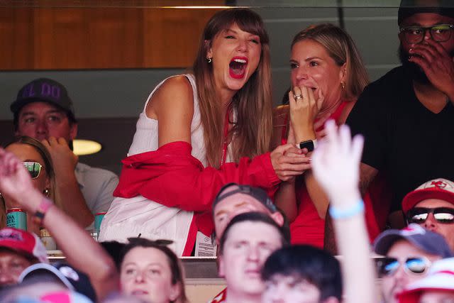 <p>Jason Hanna/Getty</p> Taylor Swift is seen during a game between the Chicago Bears and the Kansas City Chiefs at GEHA Field at Arrowhead Stadium on September 24, 2023