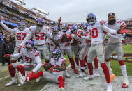 <p>New York Giants free safety Curtis Riley (35) celebrates with the rest of the defensive unit after intercepting a pass and returning it nine yards for a touchdown in the first quarter against the Washington Redskins on December 9, 2018, at FedEx Field in Landover, MD. (Photo by Mark Goldman/Icon Sportswire) </p>