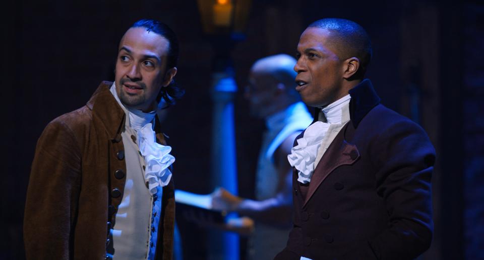 Alexander Hamilton (Lin-Manuel Miranda) and Aaron Burr (Leslie Odom Jr.) are longtime frenemies in the musical "Hamilton."