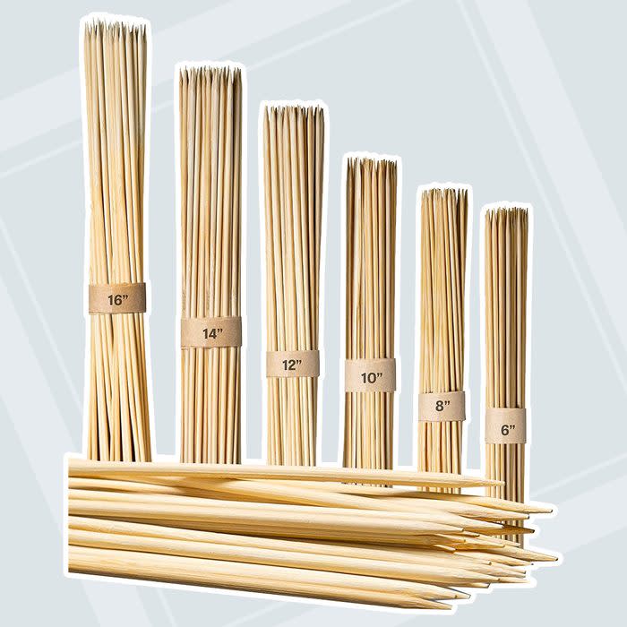 <a href="https://www.amazon.com/150-Bamboo-Skewers-Kabobs-Grilling/dp/B08Y62QFP8/ref=sr_1_1_sspa?dchild=1&keywords=skewers&qid=1627307047&sr=8-1-spons&psc=1&spLa=ZW5jcnlwdGVkUXVhbGlmaWVyPUEyR0RKVFZKME05UFZVJmVuY3J5cHRlZElkPUEwNDMwODIwMVlOOUE1M1A2U0hWVSZlbmNyeXB0ZWRBZElkPUEwNzE4NzU3MkxFSEs5UDlIUFgzUyZ3aWRnZXROYW1lPXNwX2F0ZiZhY3Rpb249Y2xpY2tSZWRpcmVjdCZkb05vdExvZ0NsaWNrPXRydWU=" rel="nofollow noopener" target="_blank" data-ylk="slk:Bamboo Skewers;elm:context_link;itc:0;sec:content-canvas" class="link rapid-noclick-resp">Bamboo Skewers</a>