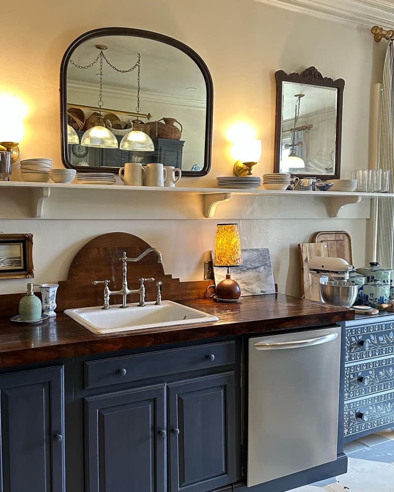 Open shelves in kitchen after renovation.