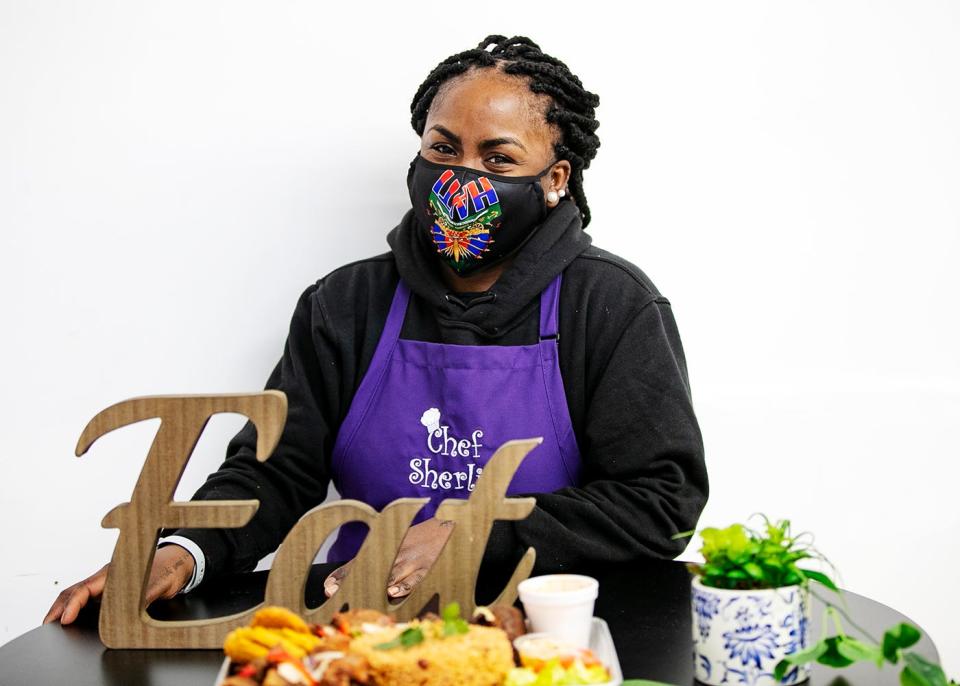 Sherlie’s Kitchen owner Sherlie Cherduville poses for a portrait at her restaurant at 263 Court St. on Thursday, Jan. 21, 2021.