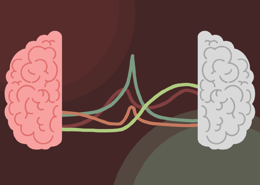 An illustration showing different colored lines connecting each side of the brain.